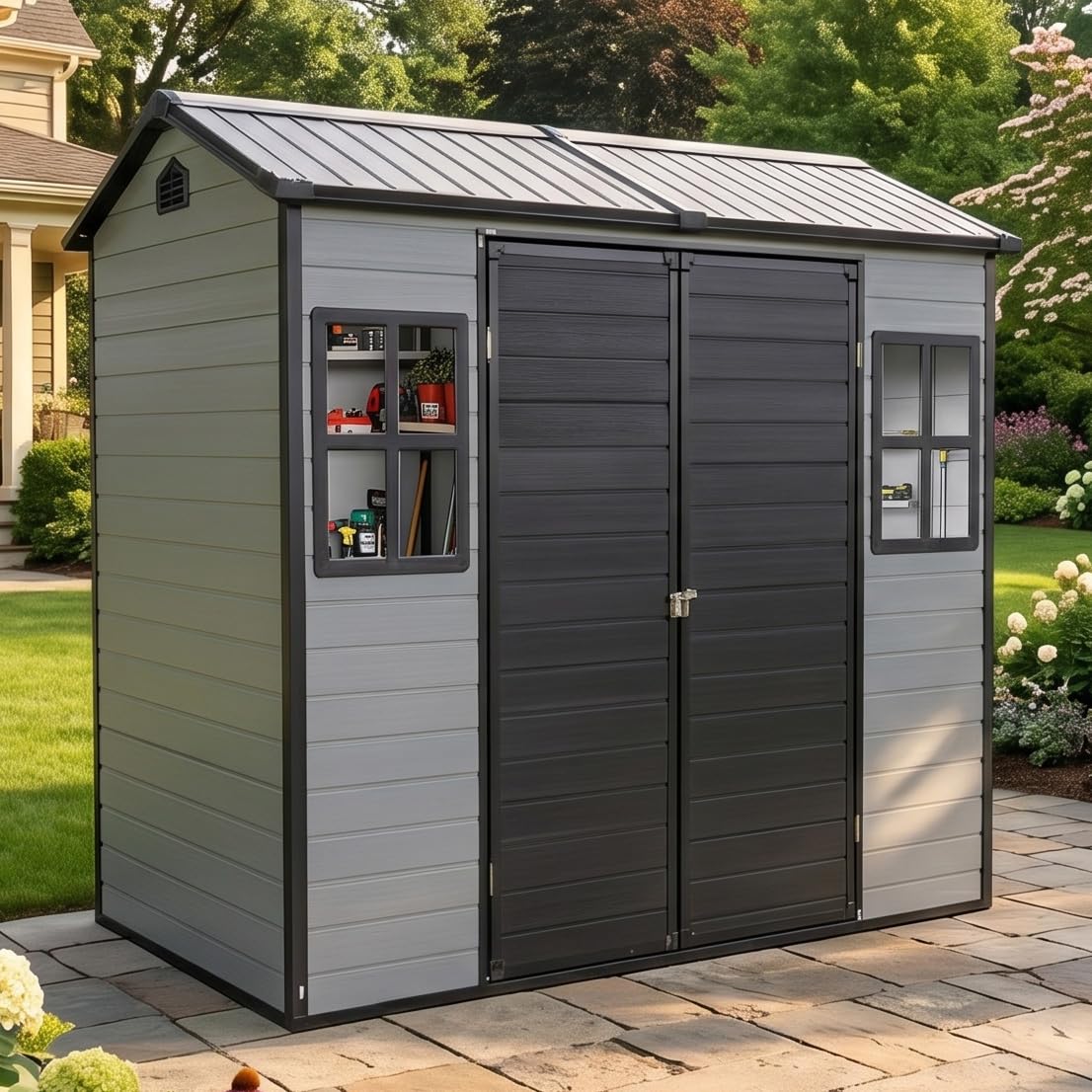 FammyLoft 8x4 FT Resin Storage Shed with Floor, Outdoor Plastic Shed with 2 Windows, 2 Vents and Lockable Door for Backyard Garden Patio Tools, Bike Metal Frame (Black+Grey)