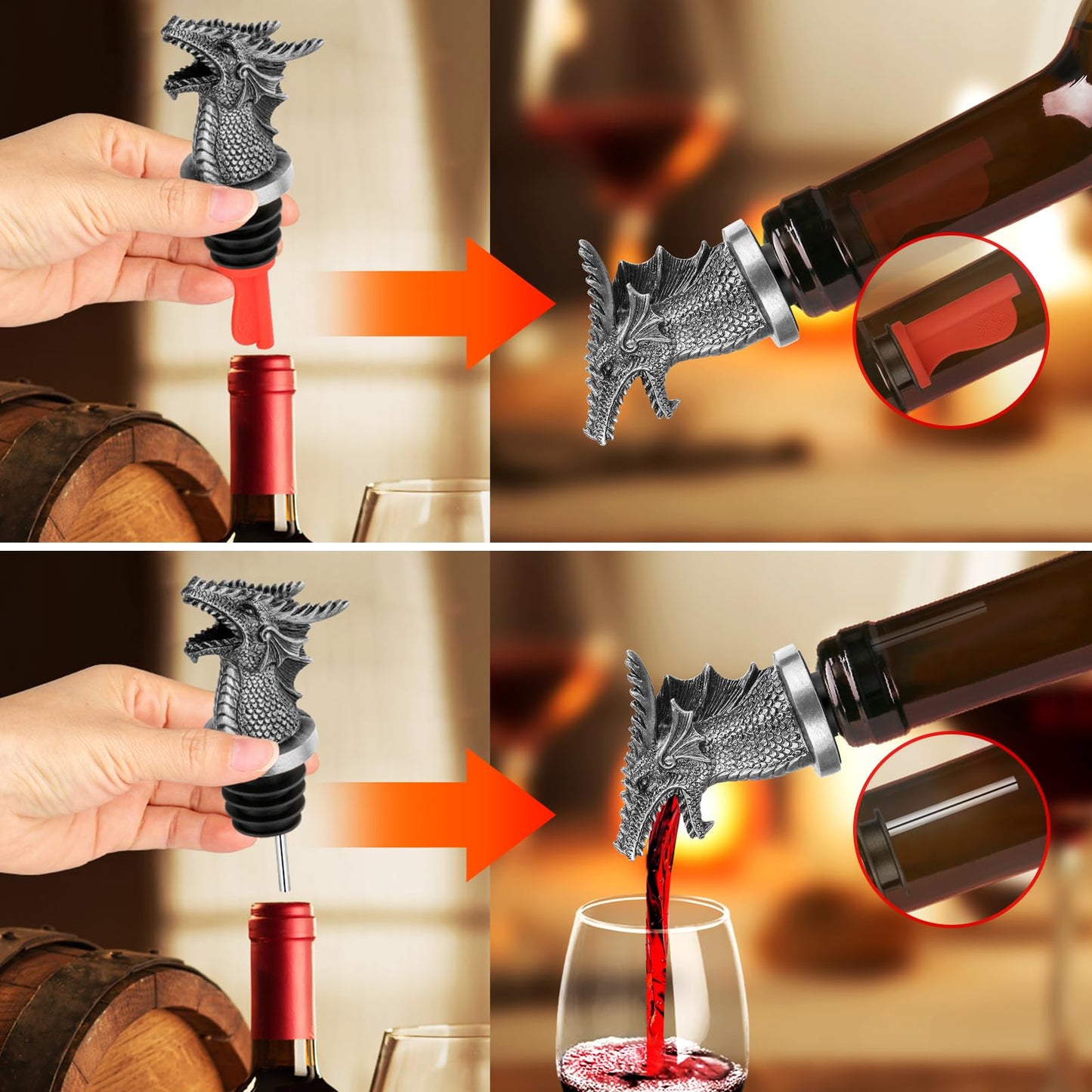 LKKCHER Dragon Head Liquor Pourers Spout for Alcohol Spirits, Dragon Gifts 2-In-1 Wine Bottle Pourer and Stopper for Men Women, Wine Accessories Gifts, Silver with Bag