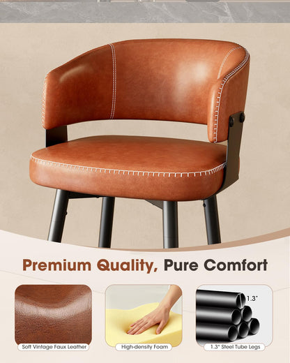 IZXGS Bar Stools Set of 4, 30" Swivel Bar Height Bar Stools with Curved Back, Mid-Century Modern Faux Leather Bar Chairs with Stitching for Kitchen Island, Dining, Living Room, Vintage Brown