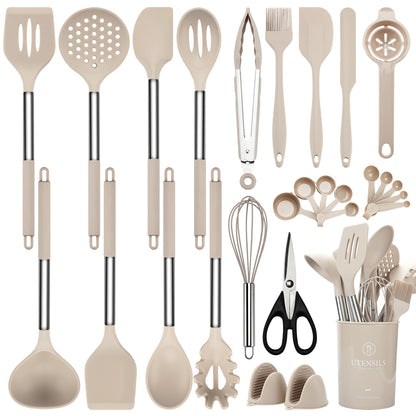 NCUE Silicone Cooking Utensils Set, 28 Pcs Kitchen Utensils Set 446°F Heat Resistant Spatula Set, Food Grade Silicone and Stainless Steel Handle Kitchen Gadgets for Nonstick Cookware BPA Free