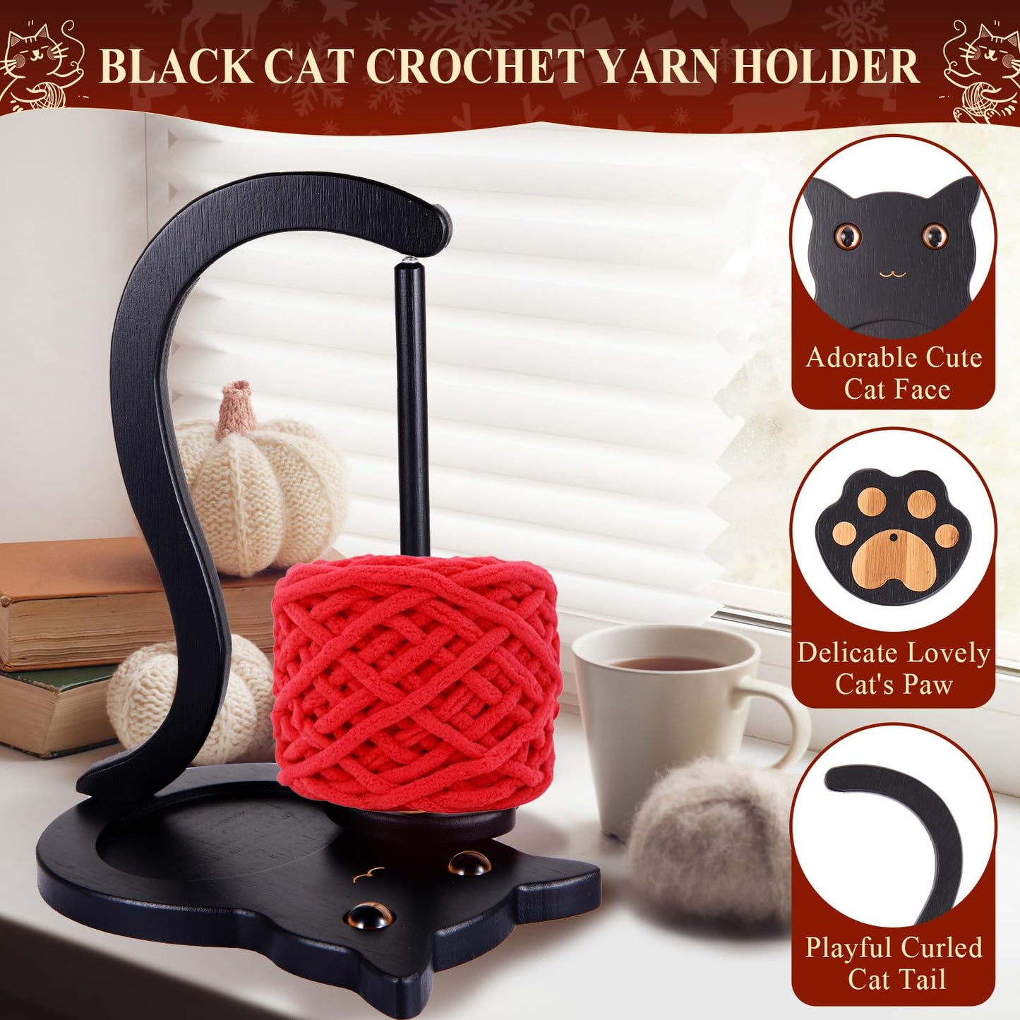 Black Cat Yarn Holder for Crocheting, Wooden Crochet Yarn Holder Magnetic Yarn Spinner with Accessories Storage Anti-Slip Pads,Yarn Ball Holder Crochet Gift for Knitting Lovers with Gift Box Packaging