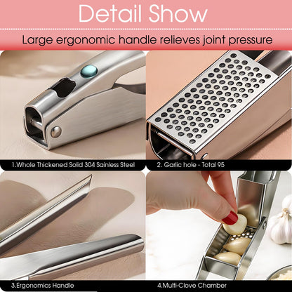 UOSLOR Garlic Press Heavy Duty Mincer and Peeler Set, Rust Proof 304 Stainless Steel Garlic Crusher, Easy-Squeeze Nut Ginger Chopper, Dishwasher Safe Kitchen Gadget