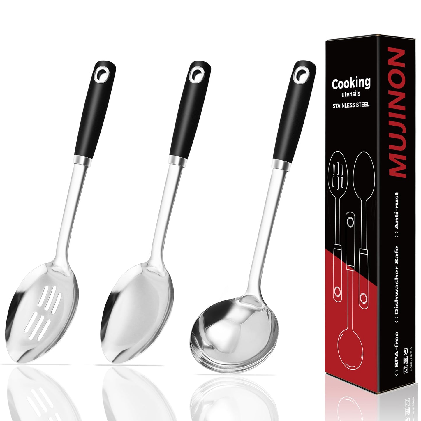 MUJINON 14-in Cooking Spoons Set, Heavy Duty 18/0 Stainless Steel Large Serving Spoons Set, Slotted Spoon, Cooking Spoon & Soup Ladle, Commercial and Residential Use, Pack of 3
