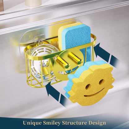 Consumest Sponge Holder Smiley Face - Kitchen Sink Caddy, Sink Organizer with Removable Suction Cups & Adhesive Strips, Suit for Sponge, Soap,Gold