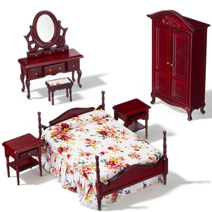 Skylety 6 Pcs Dollhouse Furniture 1: 12 Scale Wooden Victorian Dollhouse Bedroom Furniture Set Include Bed Dressing Table Wardrobe for Adults Toys Miniature Doll House Accessories