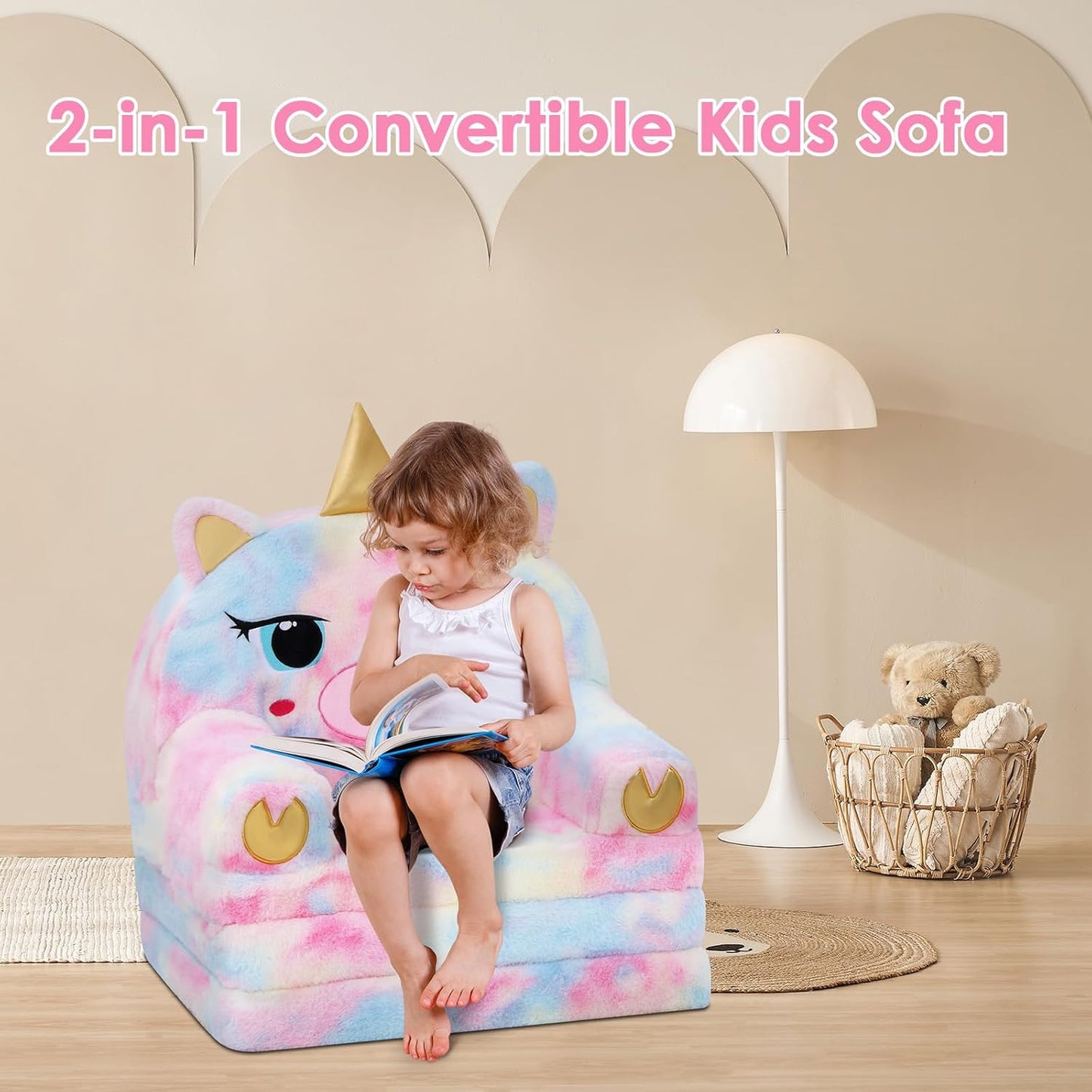 2 1 decalsweet Kids Couch Comfy Foldable Kids Sofa to Lounger in Toddler Chair Plush Baby Sleeper Chair for Playing