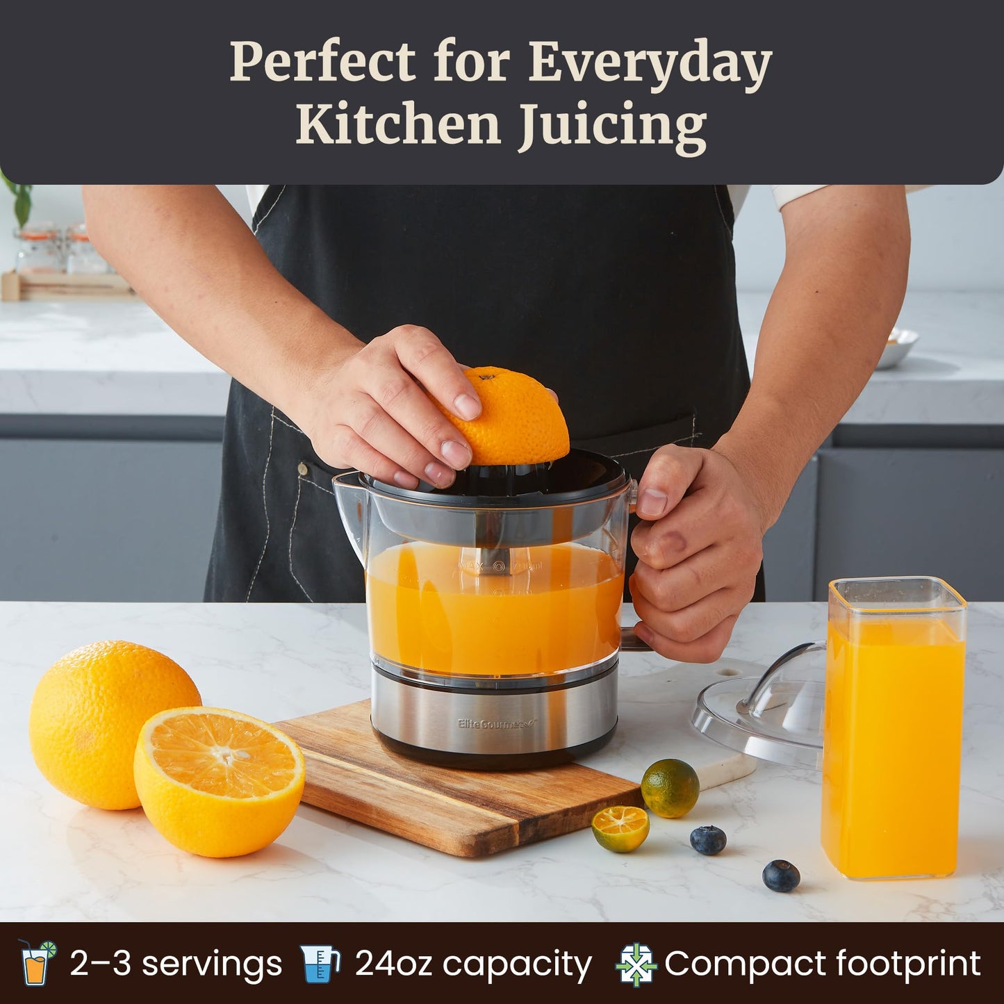 Elite Gourmet ETS326 BPA-Free 40-Watt Electric Citrus Juicer, Compact, Large Volume, Pulp Control, Oranges, Lemons, Limes, Grapefruits with Easy Pour Spout, 24oz, Black/Stainless Steel