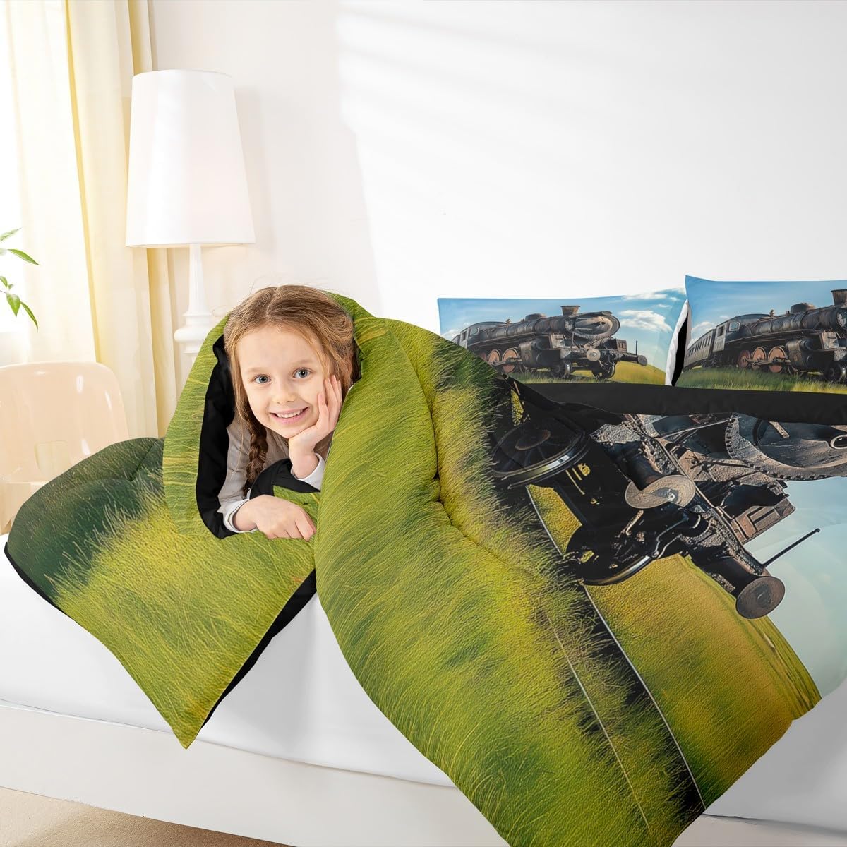Sets Set Sets,Green 2 Erosebridal Train Comforter Queen Size Retro Steam Engine Bedding for Kids Boys Teens,Railway