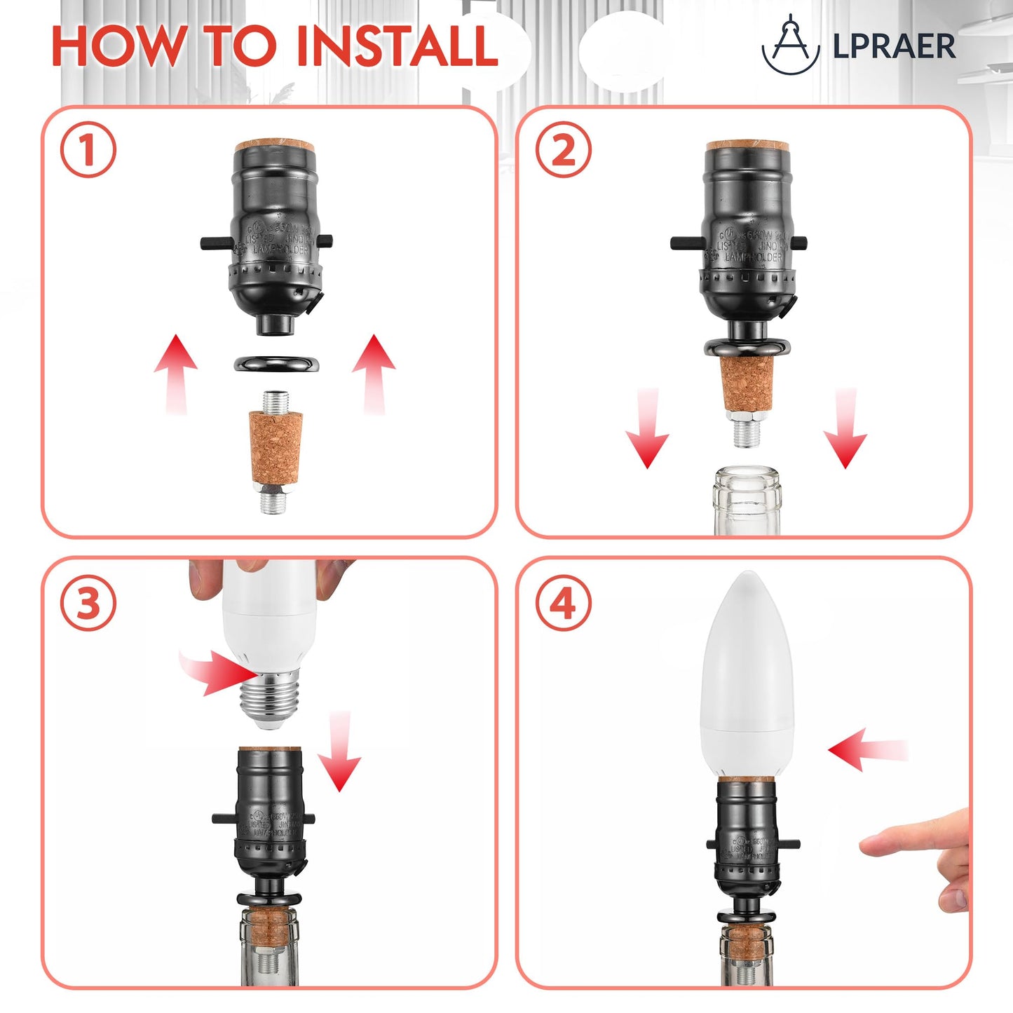 Lpraer 2 Set DIY Wine Bottle Lamp Kit with E26 LED Light Bulbs for Liquor Bottle, w/Glass Drill Bit and Lid, Black Cord w/Lamp Socket, 3 Size Tapper Cork (W/ 2 Flame Effect Light Bulbs)
