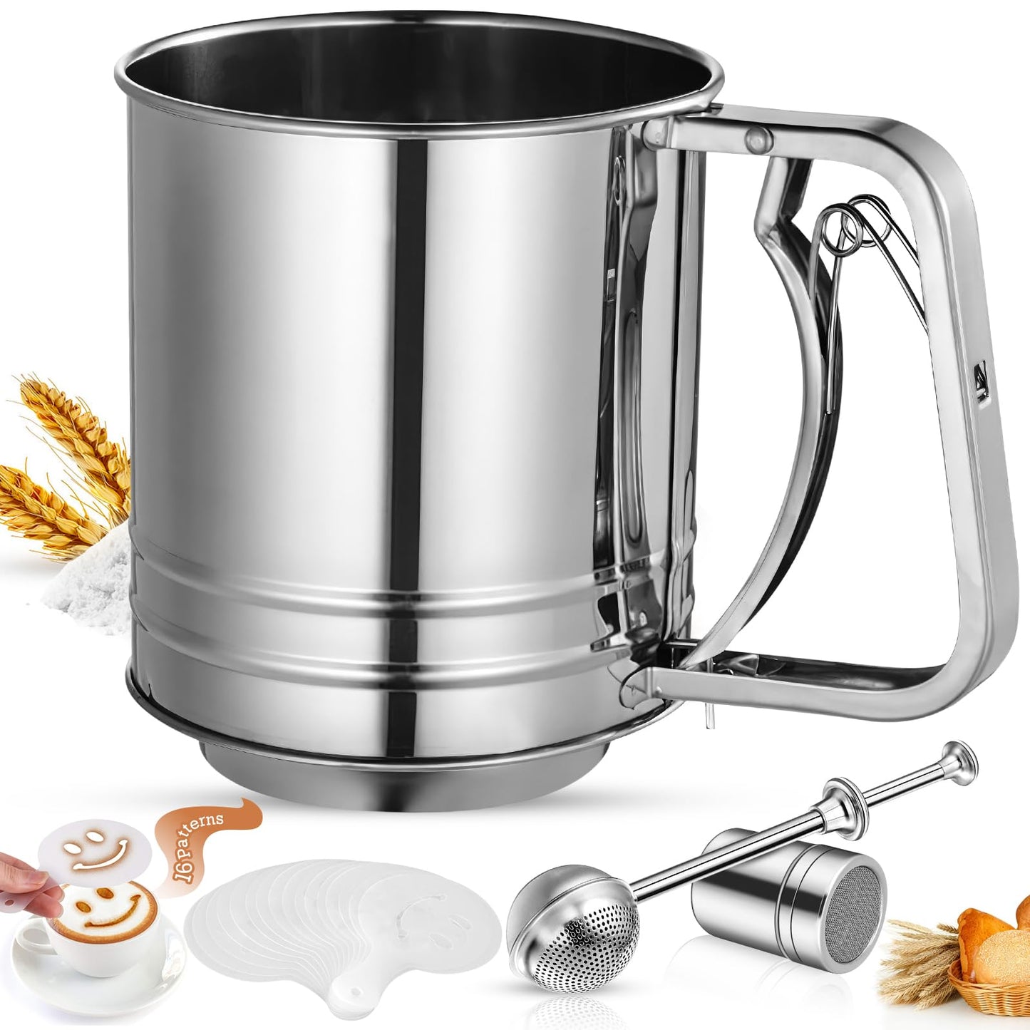 4 in1 Flour Sifter Stainless Steel, 5 Cup Flour Sifter for Baking, Sifter for Baking with Powdered Sugar Duster Set, Flour Shaker Duster for Baking Cakes, Pies, Pastries, Desserts and Cupcakes
