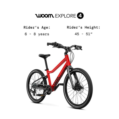 woom Explore 4 Kids’ Bicycle, 20-Inch, 7-Speed Twist Shifter for Advanced Riders, Road & Mountain Ready Bike with Powerful Disc Brakes for Boys & Girls - Red