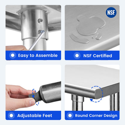 Hally Stainless Steel Table for Prep & Work 30 x 18 Inches, NSF Commercial Heavy Duty Table with Undershelf and Galvanized Legs for Restaurant, Home and Hotel