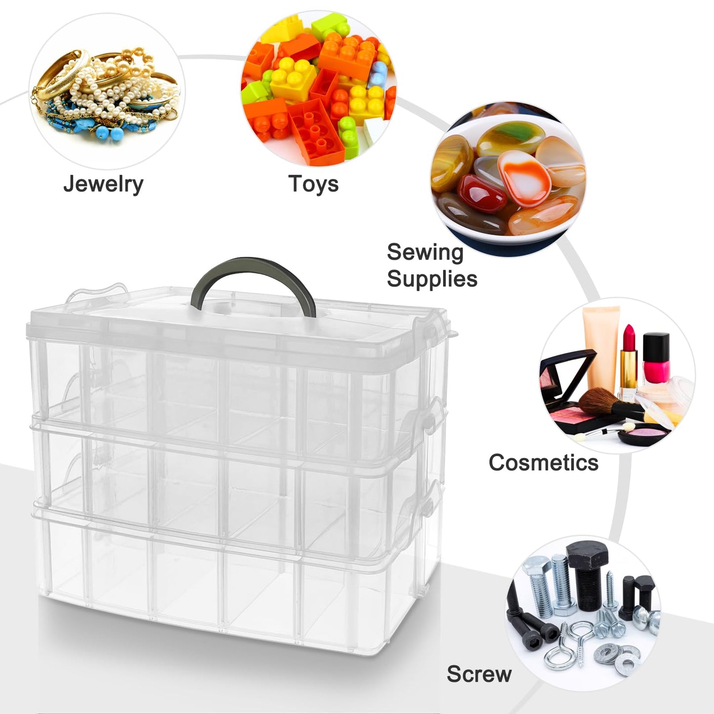 Guyuyii 3-Tier Stackable Bead Organizer with Adjustable Compartments and Carry Handle - BPA-Free Craft Storage Case with Lid for Sewing Supplies, Jewelry, Washi Tape, Embroidery Floss, Lego Pieces