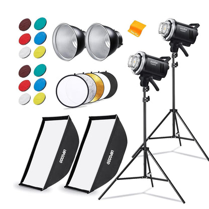 Godox MS300V Studio Flash Kit (2X 300W) with 2 Softboxes, 2 Light Stands, 2 Reflectors, LED Modeling Lamps, 2.4G Wireless X System, Bowens Mount – Ideal for Studio, Portrait & Fashion Photography