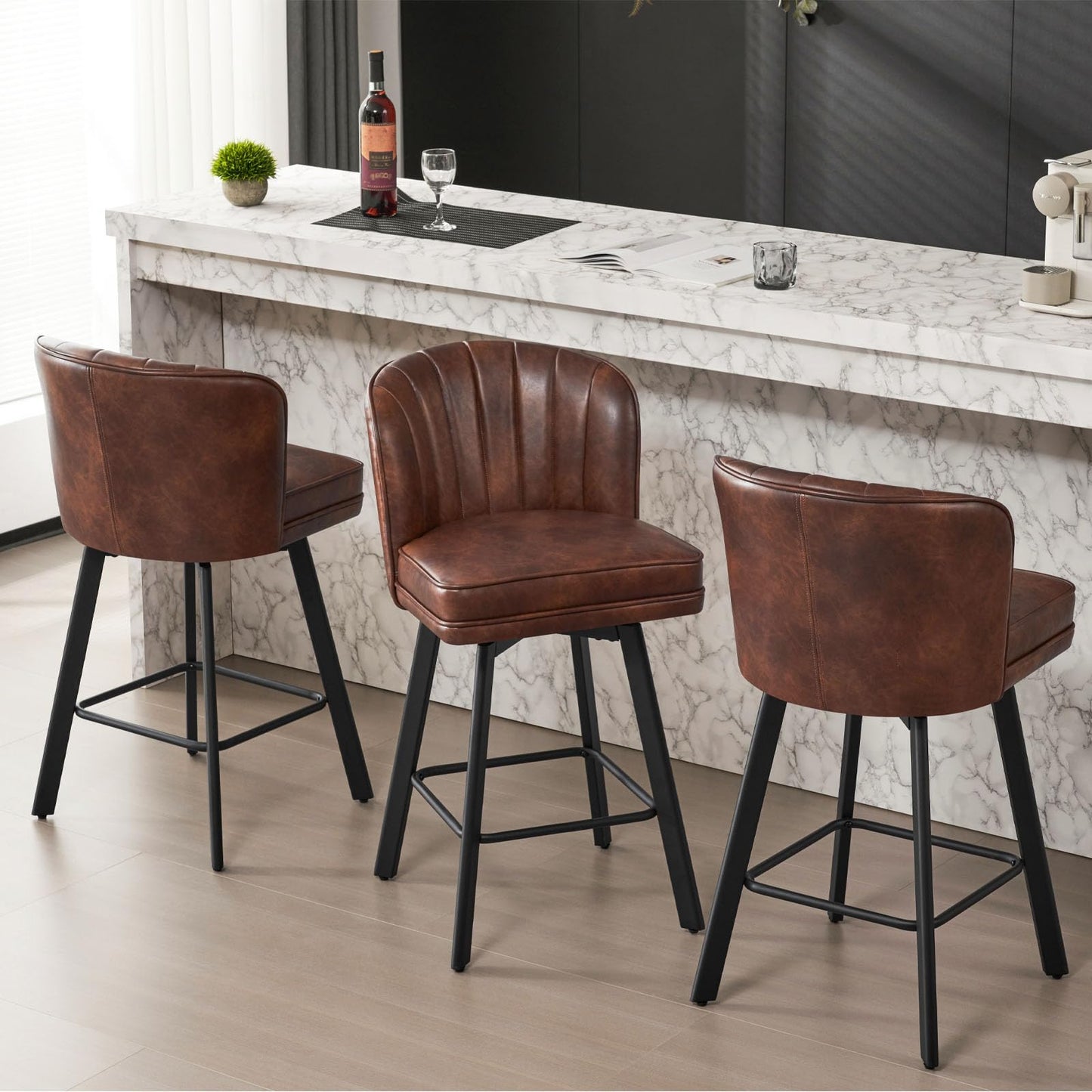 SAECKBERG Swivel Counter Height Bar Stools Set of 3, 26'' Modern Barstools with Backs and Metal Legs, Upholstered Bar Chairs, Faux Leather Brown Stools for Kitchen Island Chairs