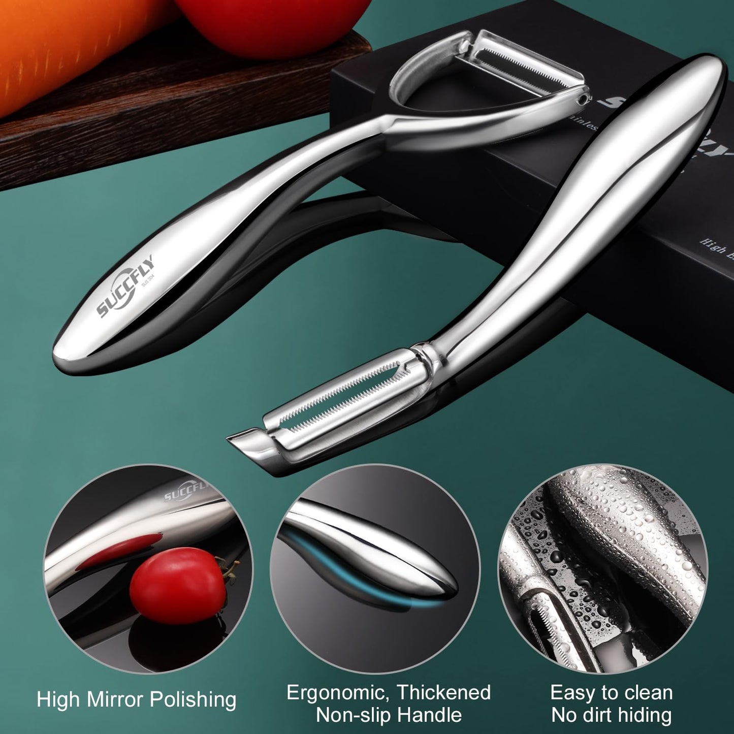 SUCCFLY Vegetable Peeler Stainless Steel，Ultra Sharp Potato Peelers for Kitchen, Premium Veggie Fruit Peeler, Carrot Peeler, Rotary Serrated Blade, Thickened Non-Slip Ergonomic Handle(5-year warranty)