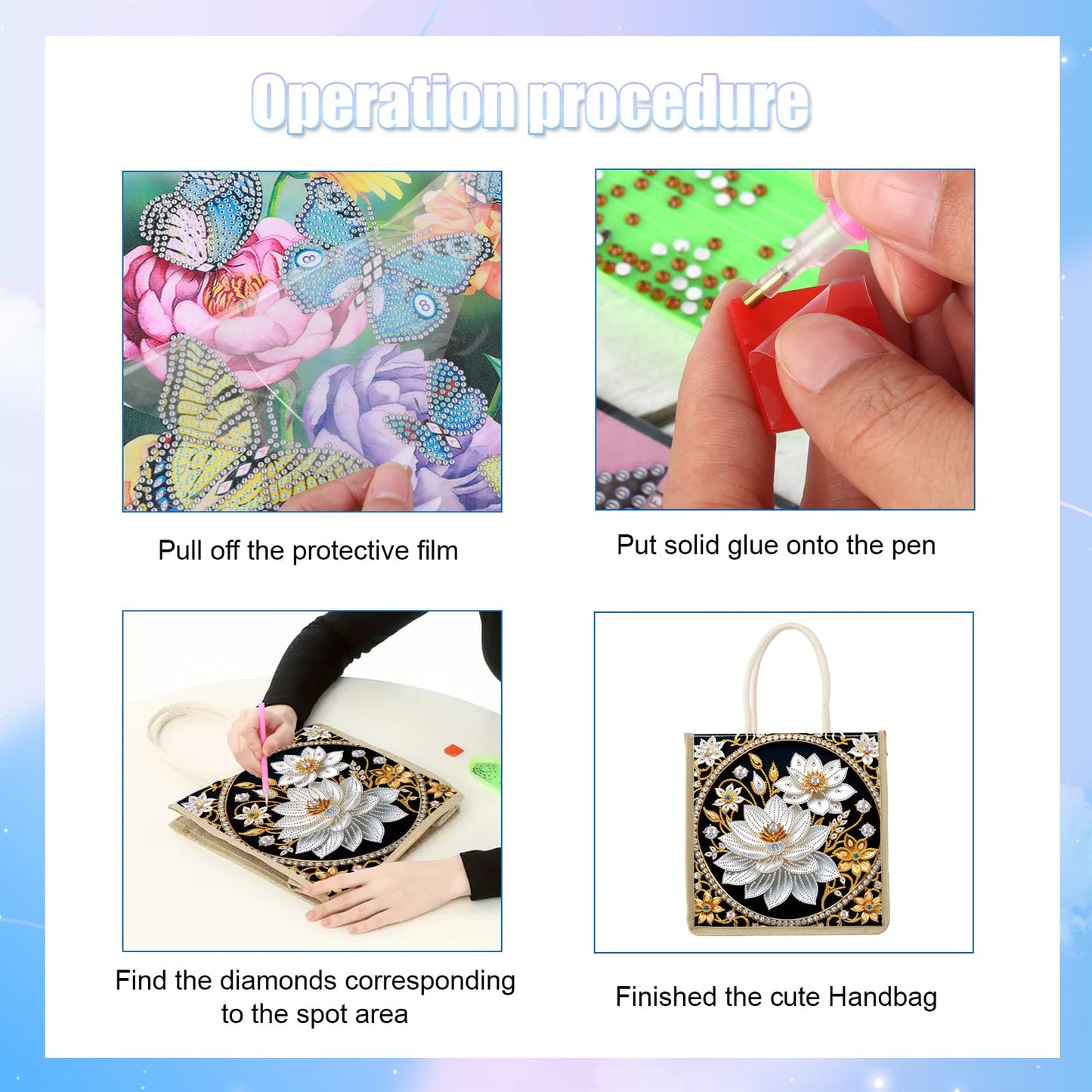 antor DIY Diamond Painting Tote Bag Kit for Adults, Lotus Flower Elegant Diamond Art Handbag Craft Storage Bag, Crystal Art Diamond Painting Bag for Casual Shopping, Travel, Daily Use, Gift