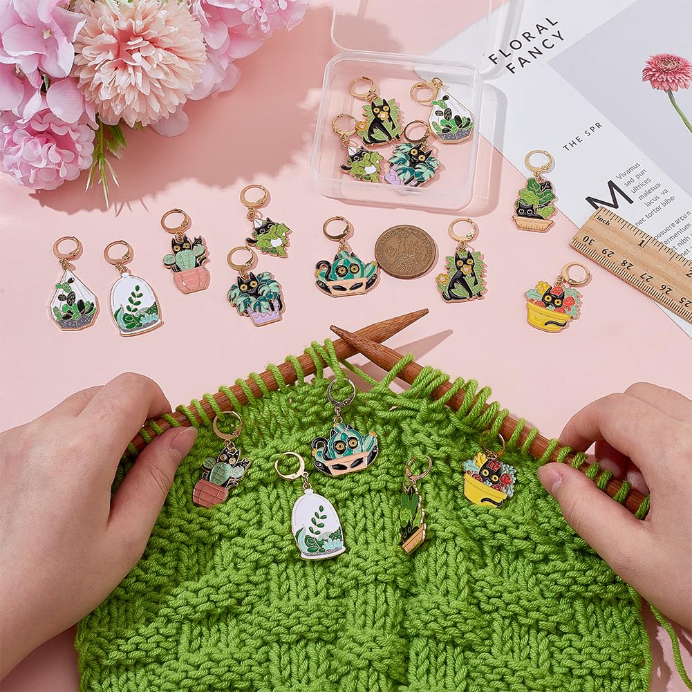 WADORN 18pcs 9 Styles Cat Enamel Stitch Markers for Crocheting and Knitting Cats Plant Theme Metal Enamel Crochet Markers Crochet Gifts DIY Ornament for Knitting Weaving Sewing Quilting Jewelry Making
