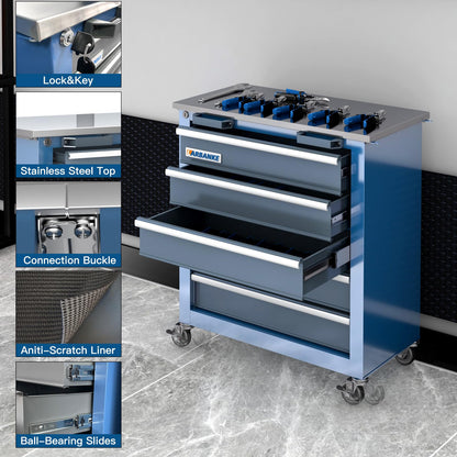LARBANKE 5-Drawer Tool Chest, Rolling Tool Chest with Wheels, Foot Pads&Locking System,Mobile Storage Tool Cabinet with Stainless Steel Top,Connect Units for A Large Workstation for Office,Garage&Home
