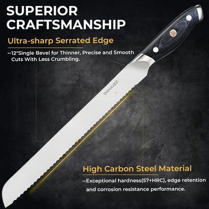 DiiHAUZZ Bread Knife, 10 Inch Serrated Knife for Slicing Homemade Bread, Razor Sharp High Carbon Steel, Professional Bakery Kitchen Knives with Full Tang Ergonomic Handle for Sourdough, Bagel, Cake