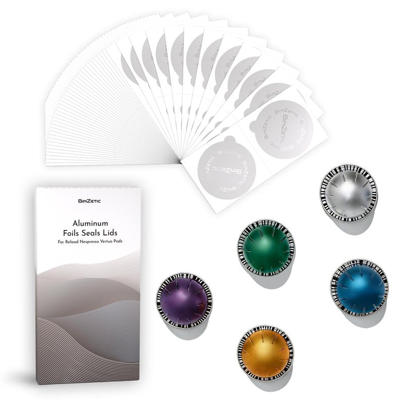 BinZetic® 100Pcs Aluminum Foil Seal Lids for Nespresso Vertuo Pods [62mm,Food-grade] Best suited for BinZetic® Refill Kit