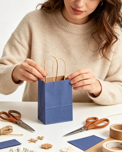 qiqee 50-Packs Gift Bag with Handles Bulk Kraft Deep Blue Paper Bags Multiple Uses (8.3"x3"x6"inch Small Size)