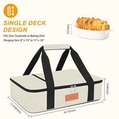 BBV Insulated Casserole Carrier for Hot or Cold Food, Food Warmer Bag Fits 9"x13" Baking Dish, Durable Nylon Leak Proof Food Containers for Travel, Potluck, Parties, Picnic, Cookouts (Beige)