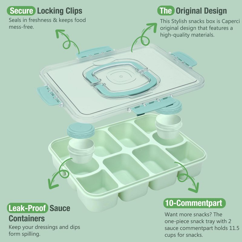 Caperci Original Snackle Box Container - 10-Compartment Divided Snack Serving Tray with Lid & Handle, Built-in 2 Dressing Containers, Leak-Proof, Dishwasher Safe, BPA-Freen (Mint Green)
