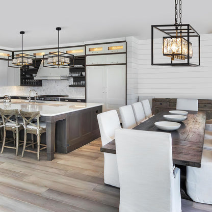 Vezzio Crystal Chandelier for Foyer Entryway，5-Light Black Modern Farmhouse Pendant Chandelier, Contemporary Hanging Light Fixture for Dining Room Living Room Bedroom Kitchen Island