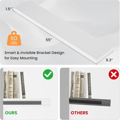 FLYJOE Floating Wall Shelves - 55"W Wooden Display Shelf with Invisible Brackets | White, Ideal for Living Room & Bedroom