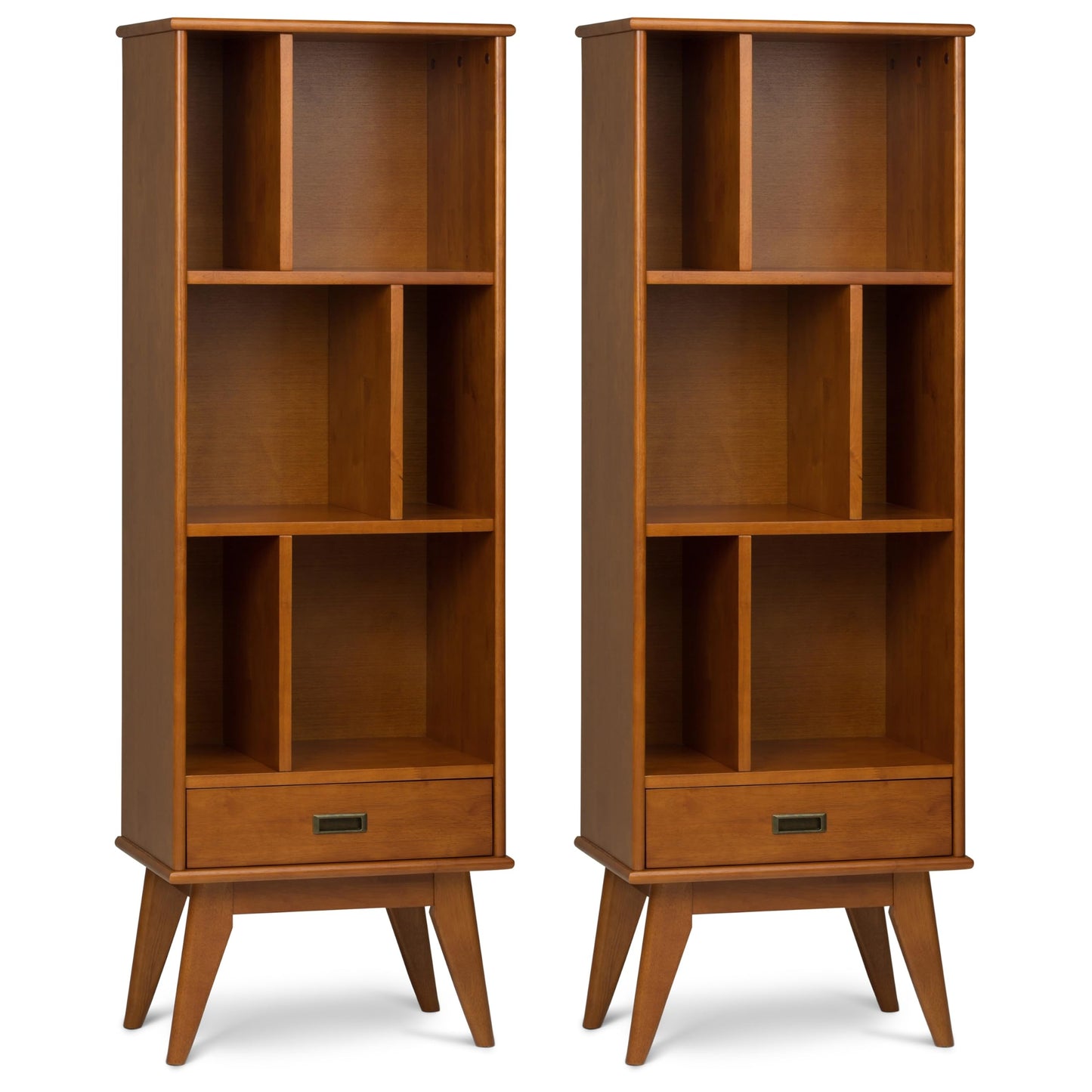 SIMPLIHOME Draper 22 inch Mid-Century Modern 6 Cubbie Bookcase with Drawer (Set of 2) in Teak Brown for the Living Room, Study Room and Office