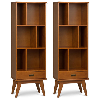 SIMPLIHOME Draper 22 inch Mid-Century Modern 6 Cubbie Bookcase with Drawer (Set of 2) in Teak Brown for the Living Room, Study Room and Office
