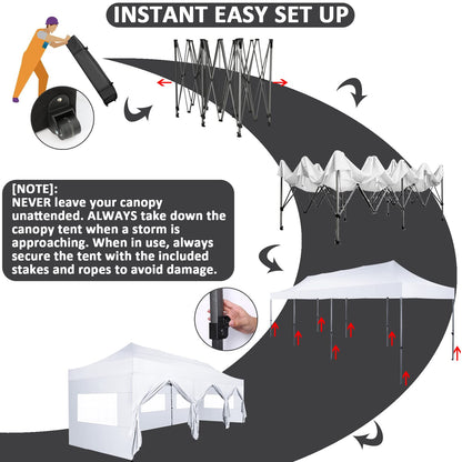 COBIZI 10x30 Pop Up Canopy with 8 Sidewall,Heavy Duty UPF 50+ All Season Wind Waterproof Commercial Outdoor Wedding Party Tents for Parties Canopy Gazebo with Roller Bag(10 x 30 ft White)