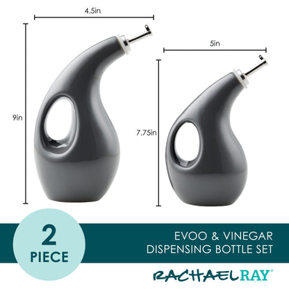 Rachael Ray Serveware Ceramic EVOO Oil and Vinegar Dispensing Bottle Set, 2 Piece, Gray