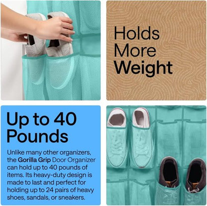 GORILLA GRIP Over The Door Shoe Organizer - 24 Large Breathable Mesh Pockets | Space-Saving Storage in Turquoise