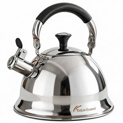 Tinlon Enamel Stainless Steel Whistling Tea Kettle Stovetop - 3.1QT Tea Top Mirror Finish, 304 Stainless Interior, Foldable Handle, Fast Heating for Tea, Coffee & Gifts