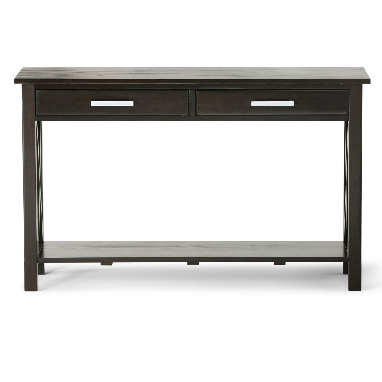 SIMPLIHOME Kitchener Console Table - 47 Inch Wide Solid Wood Sofa Table in Hickory Brown, Contemporary Storage Table for Entryway or Living Room with 2 Drawers, Bottom Shelf, and X-Design Side Panels