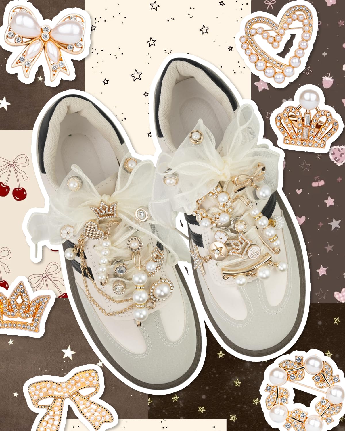 DoDoBeads 68 Pcs Shoe Charms for Sneakers, Elegant Sneaker Charms Kit with Pearls, Crowns, Ribbons & Satin/Lace Shoelaces, Sock Charm for Women, DIY Shoe Lace Decorations