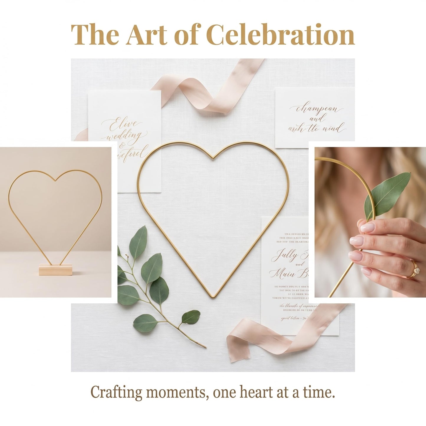jojofuny 10 Sets Heart Shaped Floral Hoop Centerpiece with Wooden Stand, 9.8" x 10.6" Metal Wreath Rings, Gold Heart Wire Hoops for Wedding Table Decorations, DIY Dream Catcher Craft Kit