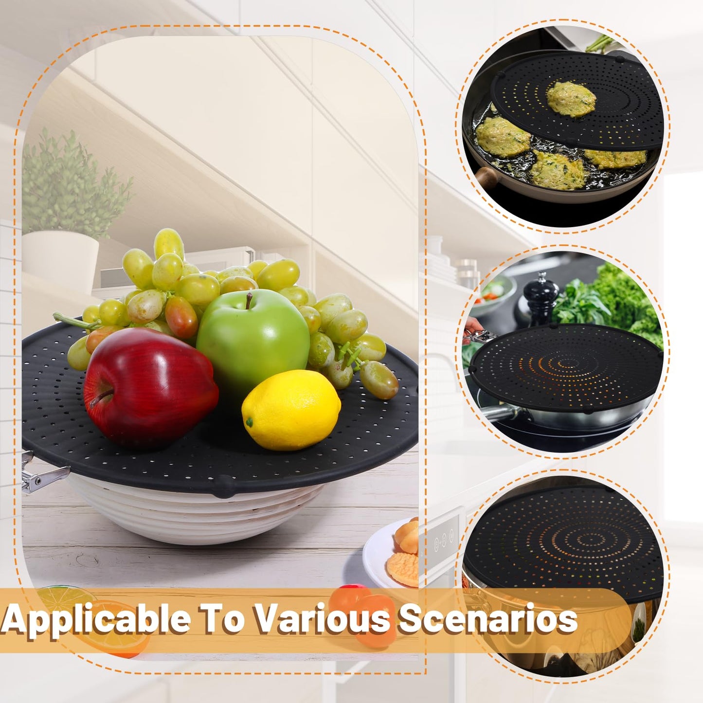 3 Pcs Silicone Splatter Screen for Frying Pan Grease Oil Splatter Collapsible Splash Guard Heat Resistant Multi Use for Baking and Cooking(Black)