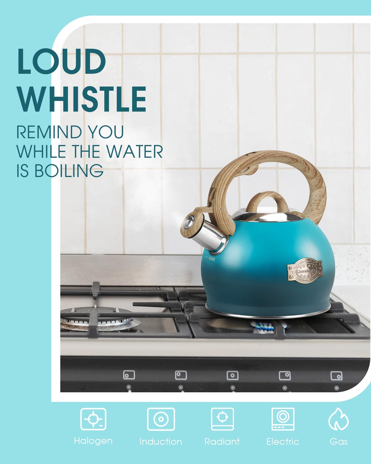 Hauce Radio Tea Kettle, Whistling Stovetop Teapot Food Grade Stainless Steel Tea Kettles for Stove Top with Anti-hot Ergonomic Handle,Kettle Spout for Tea, Coffee or Milk, 2.1 Quart Tea Pots