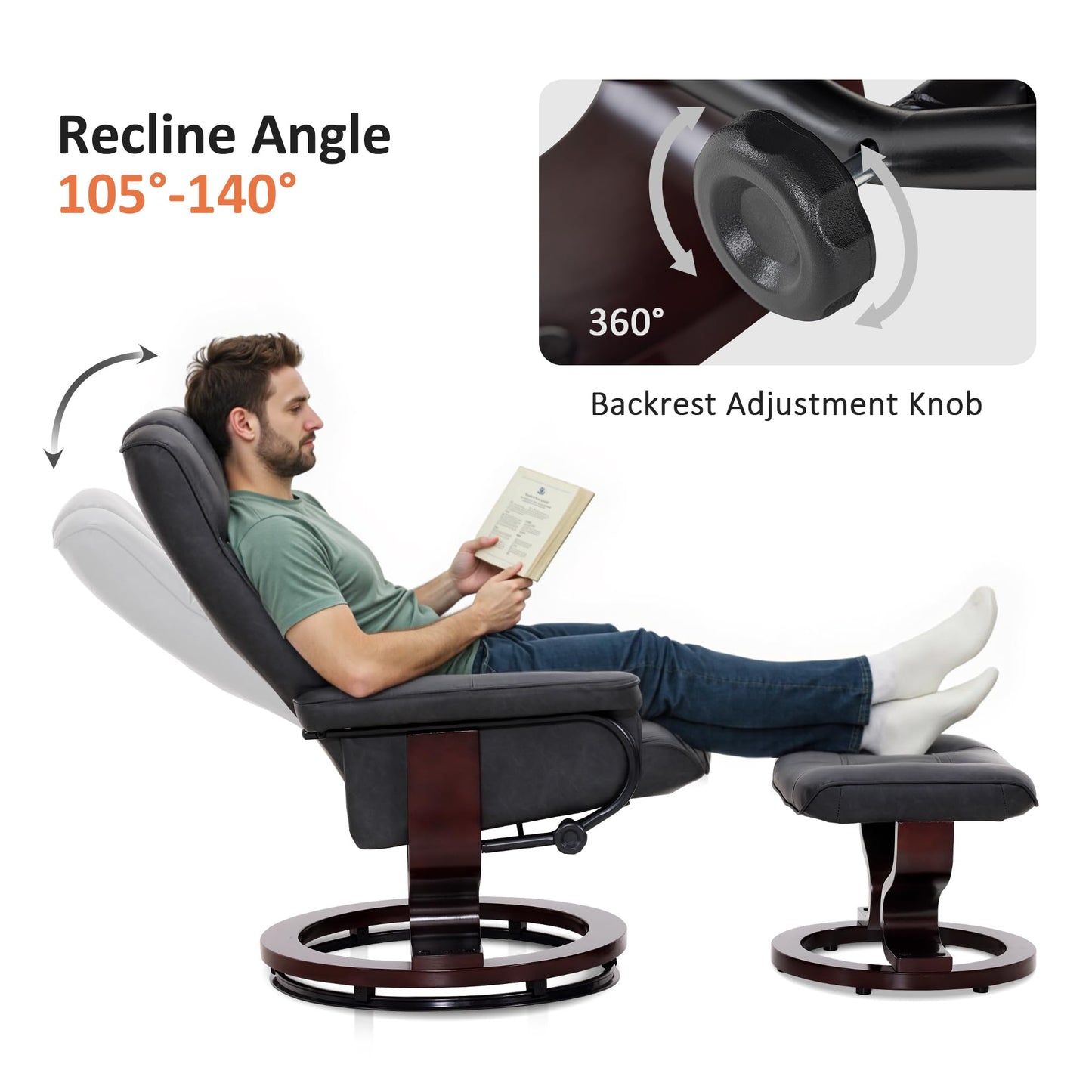 MCombo Manual Swivel Recliner with Ottoman, Chair Ottoman Set for RV Small Spaces, Living Room, Bedroom, Office 9019 4919 (Faux Leather, Dark Grey)