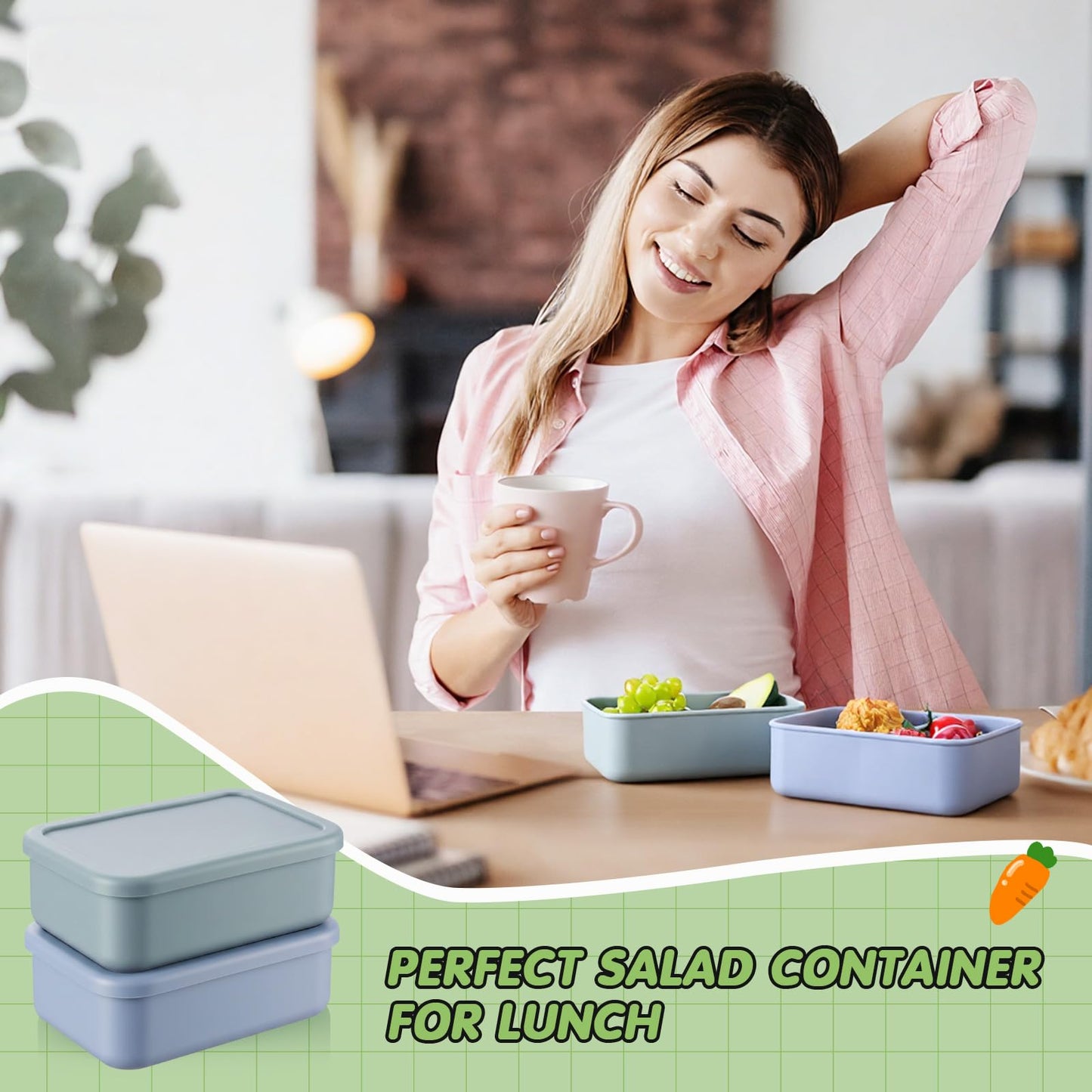 Layhit 2 Pcs Silicone Bento Box for Adults, 27 oz Bento Lunch Container Reusable 2 Compartment Lunchable Food Container for Women Men, Leak Proof Microwave Dishwasher Freezer Safe (Gray Blue,Green)