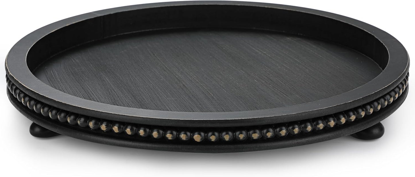 12", Bamboo Land- Round Decorative Trays for Coffee Table, Black, Wood Tripod & Beaded Design, Wooden Round Tray
