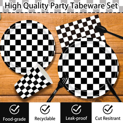 170 Pcs Race Car Birthday Party Decorations Black and White Checkered Plates and Napkins, Checkered Party Supplies Serves 24