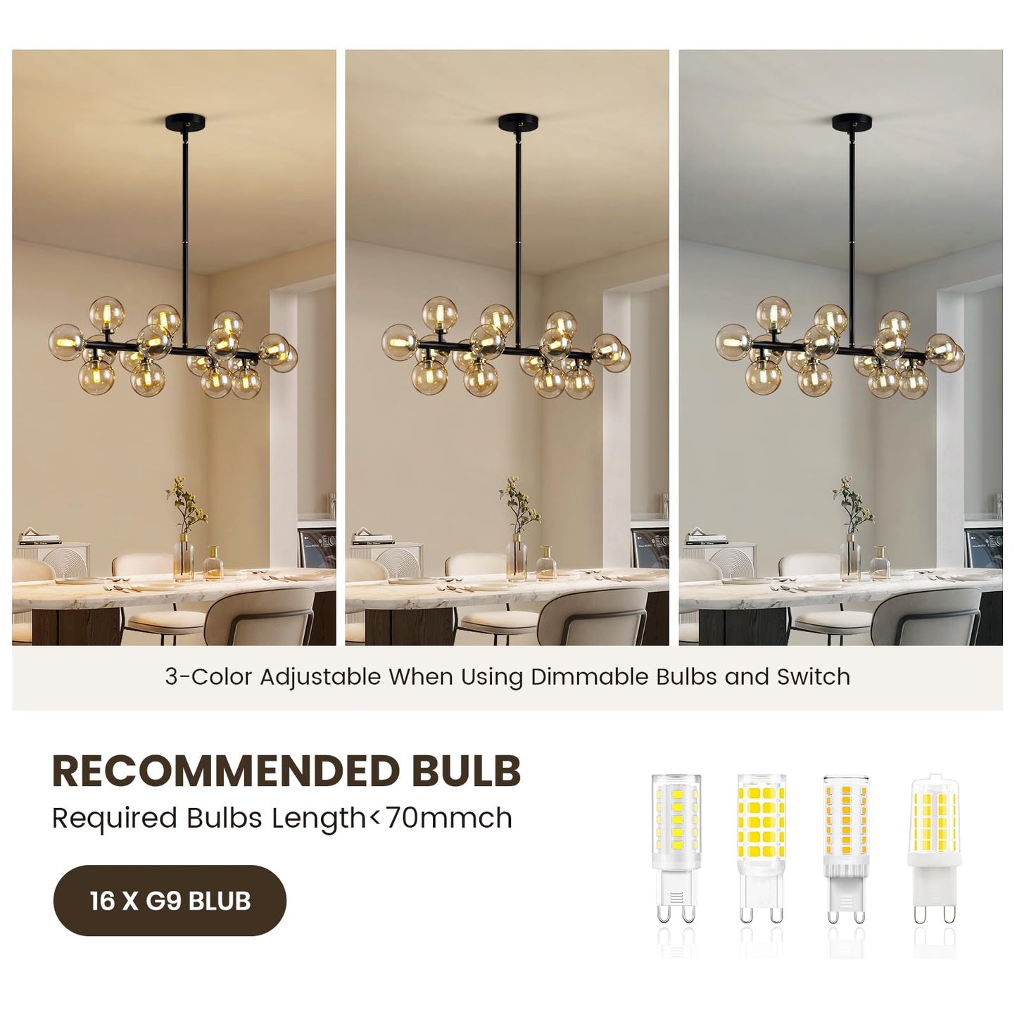 APBEAMLighting Mid Century Modern Chandeliers for Dining Room, 39" Linear Pendant Light Fixtures with Amber Glass Globe, 16-Light Sputnik Hanging Light for Living Room Kitchen Island