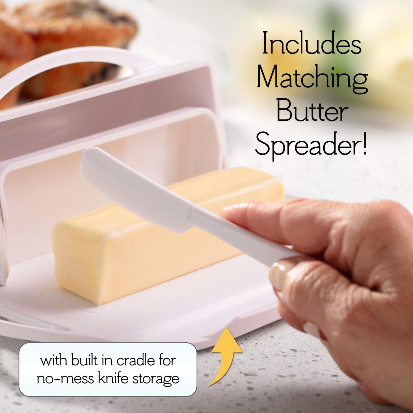 Butterie Flip Top Butter Dish with Attached Lid & Matching Knife - Holds 2 Sticks, Fits Kerrygold/European Butter - BPA Free & Dishwasher Safe - White