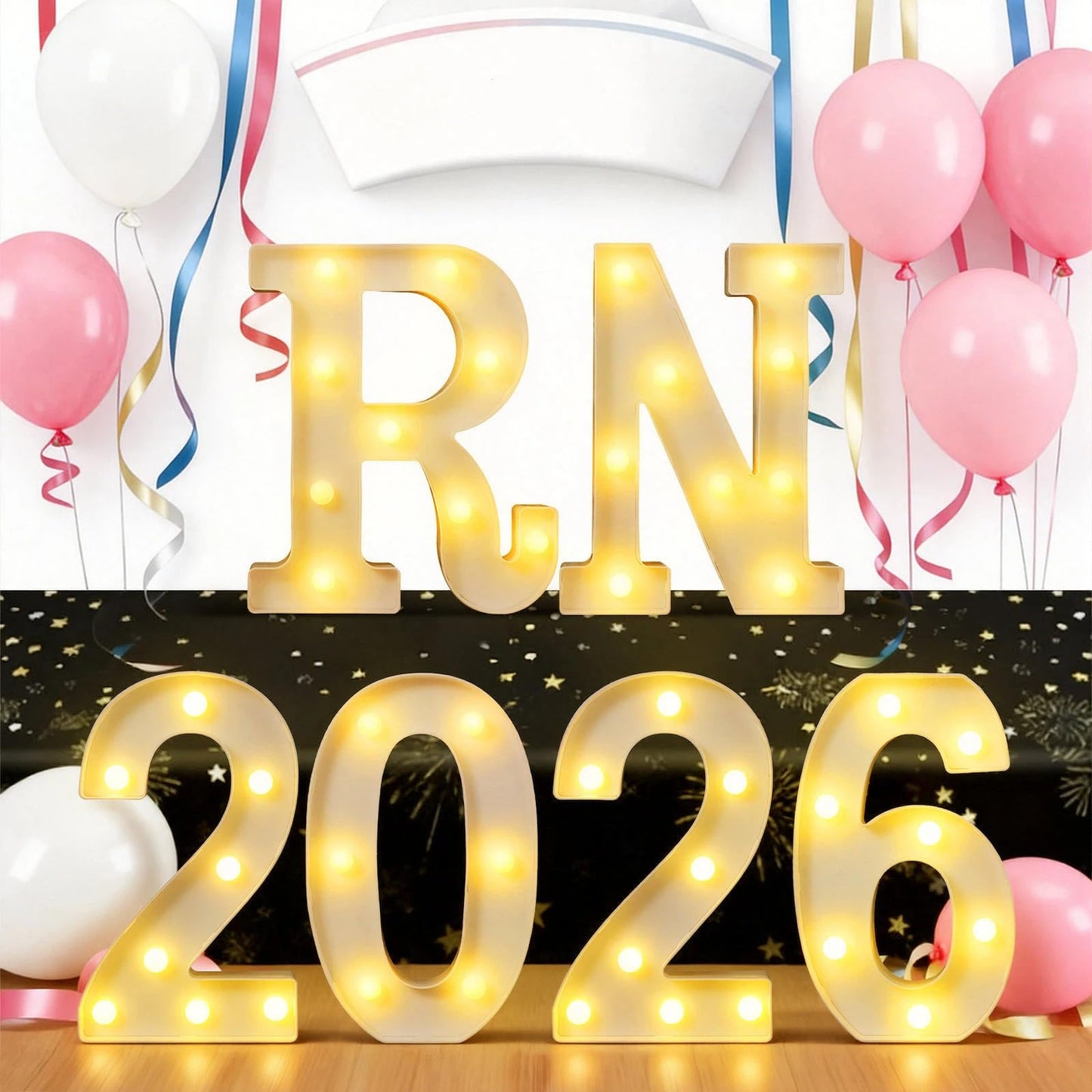 Ganeen 6 Pcs RN 2026 LED Letter Lights Rn Graduation Marquee Light Letters Table Sign Lights up 3D Plastic Letters for Congrats Grad Nursing School Survivor Graduation Party Decorations Supplies
