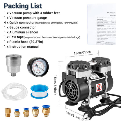 ScitoLAB Vacuum Pump 50 L/Min, Oilless Pump with Upgraded Capacitor, Vacuum Meter, Aluminum Silencer, 4 Quick Connectors, for Lab Electronics Industry