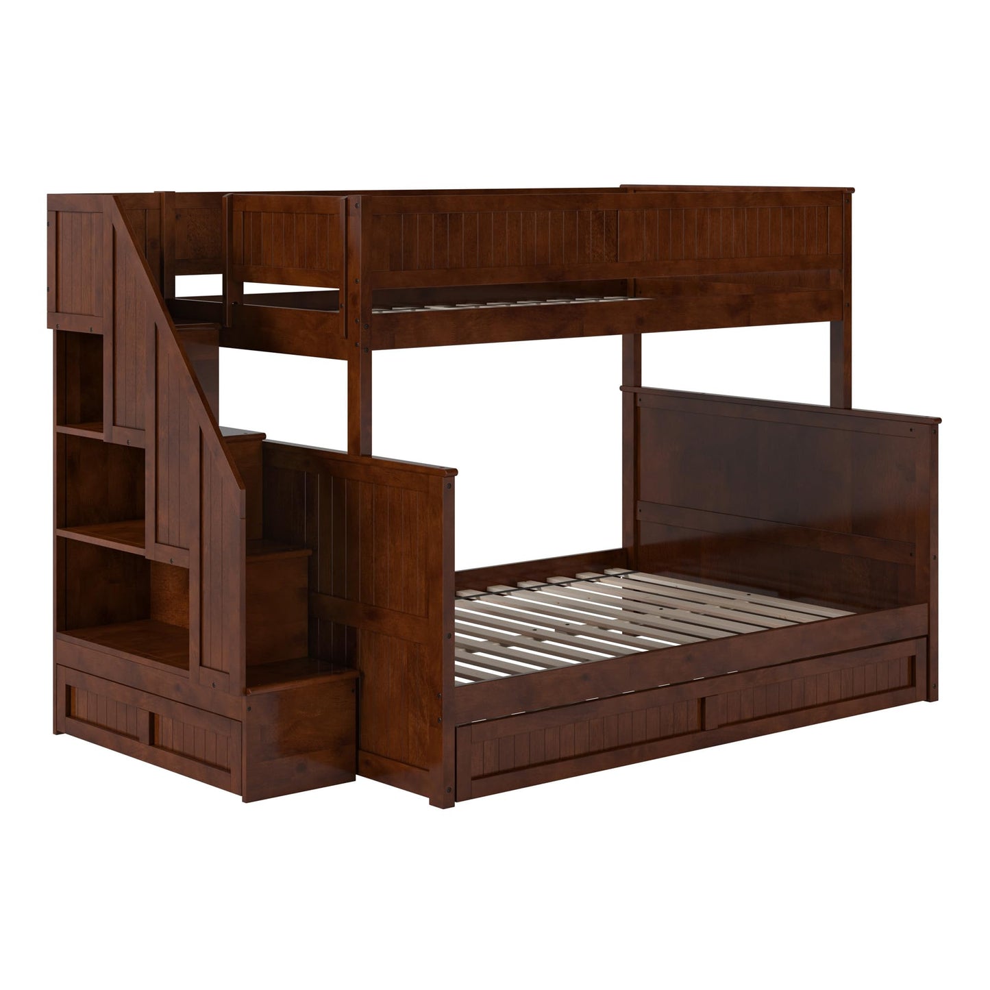 AFI, Dover Twin Over Full Staircase Bunk Bed with Storage Drawer and Twin Trundle, Walnut